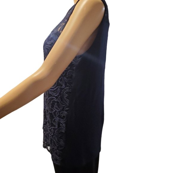Adrianna Papell Sz M Navy Lace Front Stretch Back Sleeveless Top Office Teacher - Picture 3 of 7